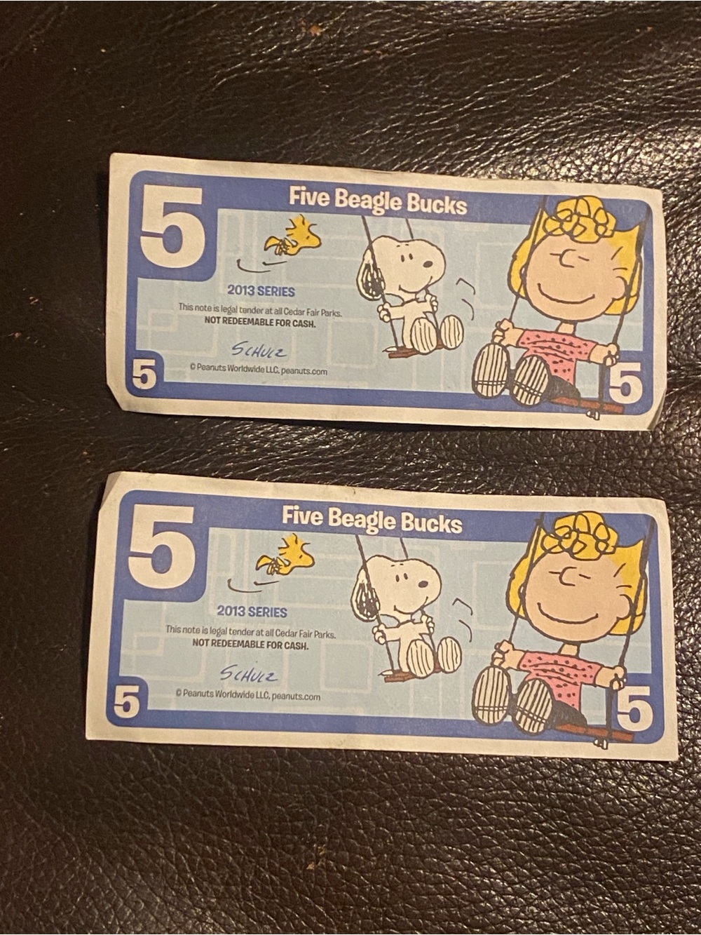 2013 Series Peanuts Blue and Yellow Five Beagle Bucks Novelty Notes - Peanuts